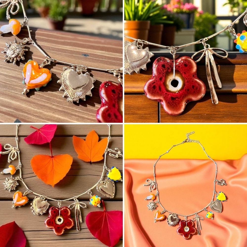 Vibrant Gold Toned Autumn inspired charm necklace Glass Ceramic Enamel charms - Picture 16 of 17